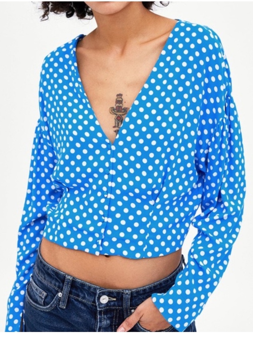 Zara Blue Polka Dot V-Neck Button Front Crop Top